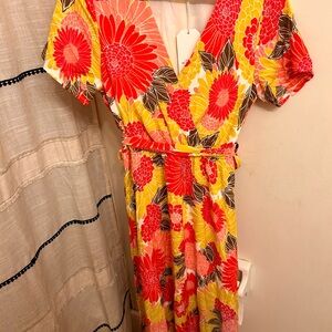 Emily Wonder Floral Dress in Coral and Yellow - Small - NWT